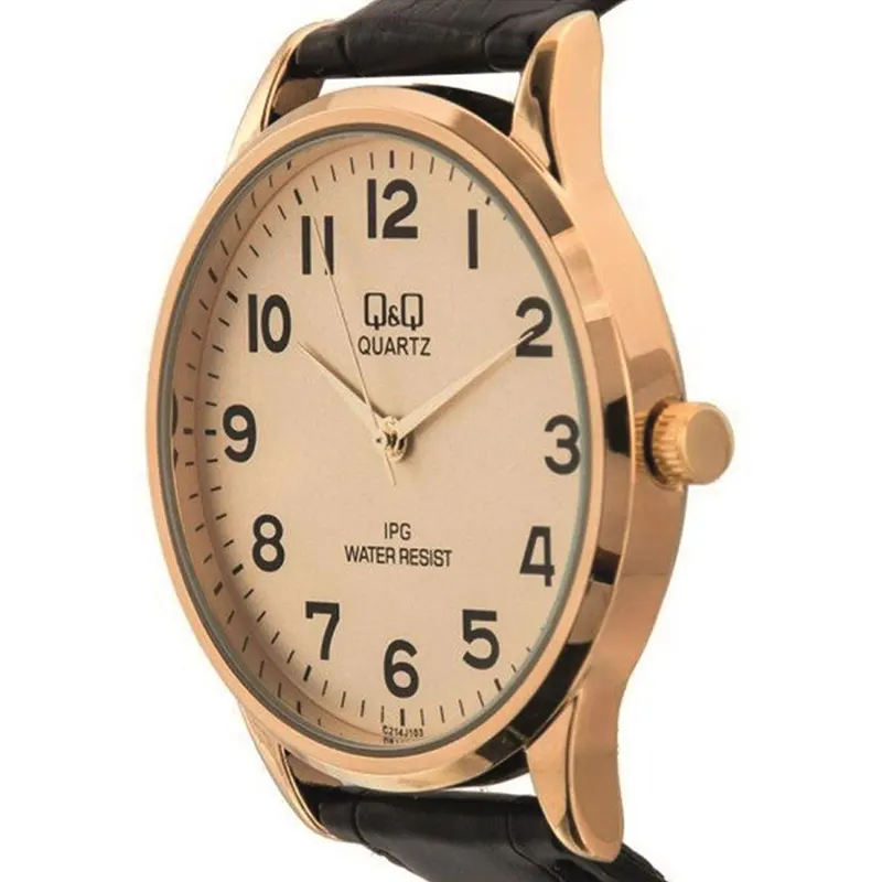 Q&Q Japan Quartz Gold Dial Black Leather Strap Men's Watch- C214J103Y